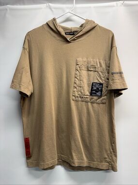 Black N' Blanc Men’s Hooded Graphic T-shirt Sz M/L Khaki Tan Streetwear Grunge